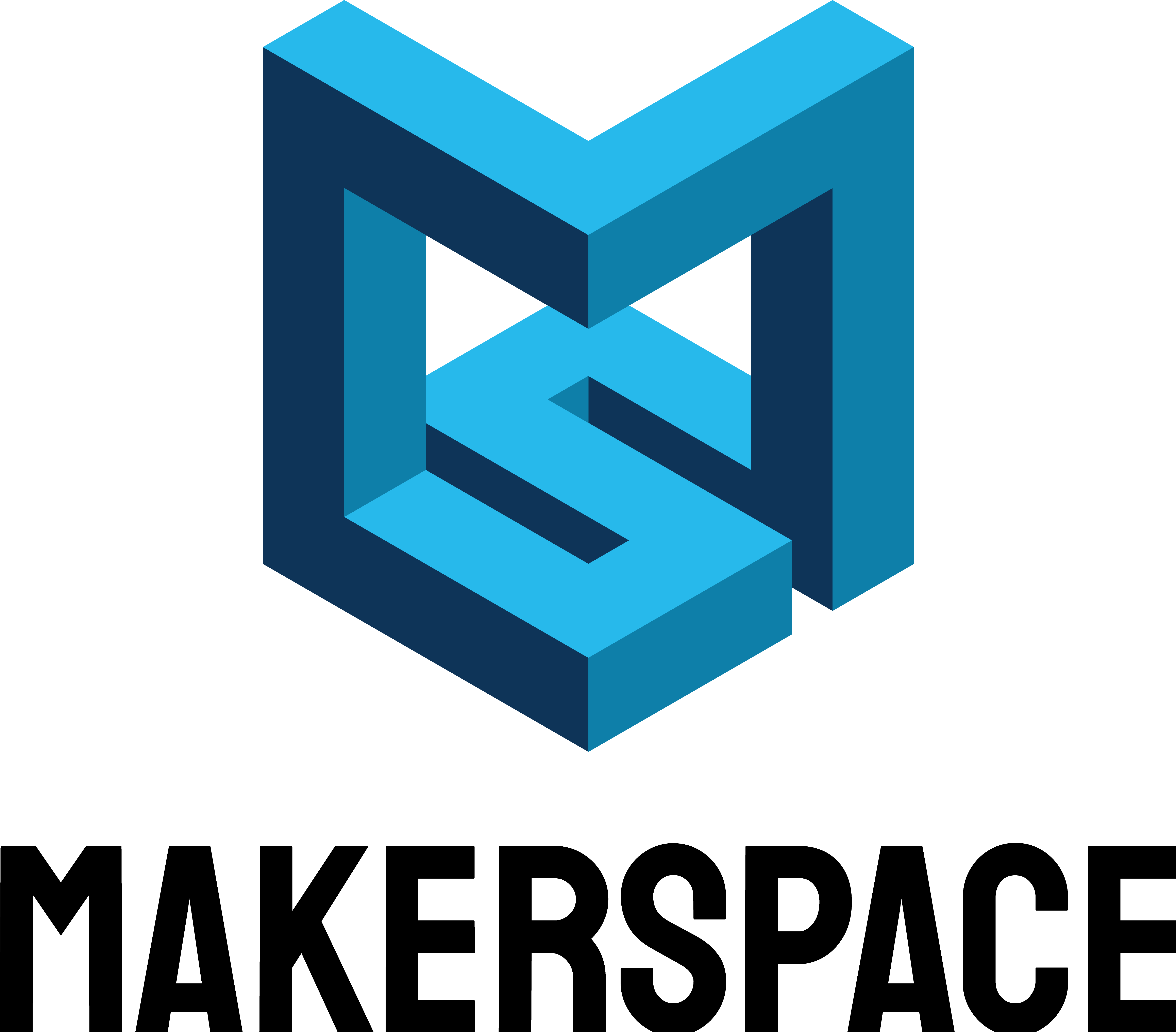 Blå Makerspace logo med svart tekst, vertikal