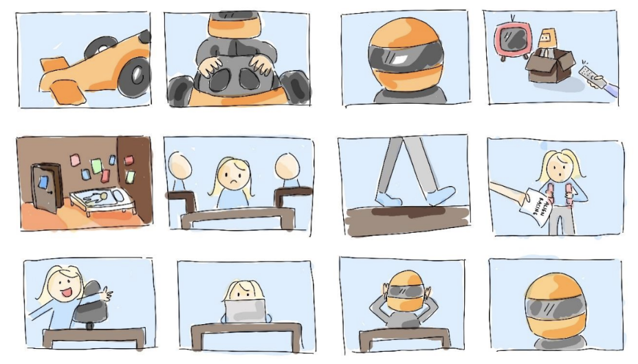 A storyboard of Align Racings animtaion movie. Iit consist of 12 digitally drawn images with important scenes and angles from the movie.